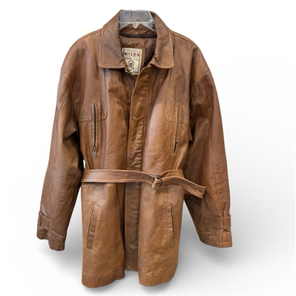 Wilda Brown Full Grain Leather Belted Short Trench Coat Mens L Zip Liner Casual